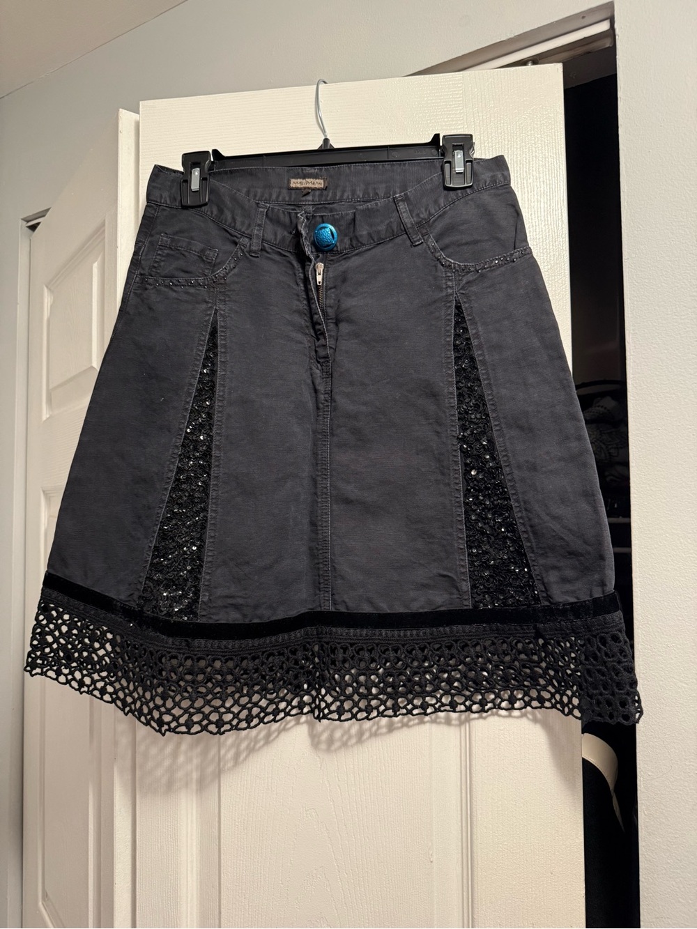 Maliparmi Black A-Line Skirt with Crochet Hem and Sequin Panels